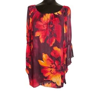 New Directions Floral Chiffon Women's Sheer Shirt - Red and Orange Sz M